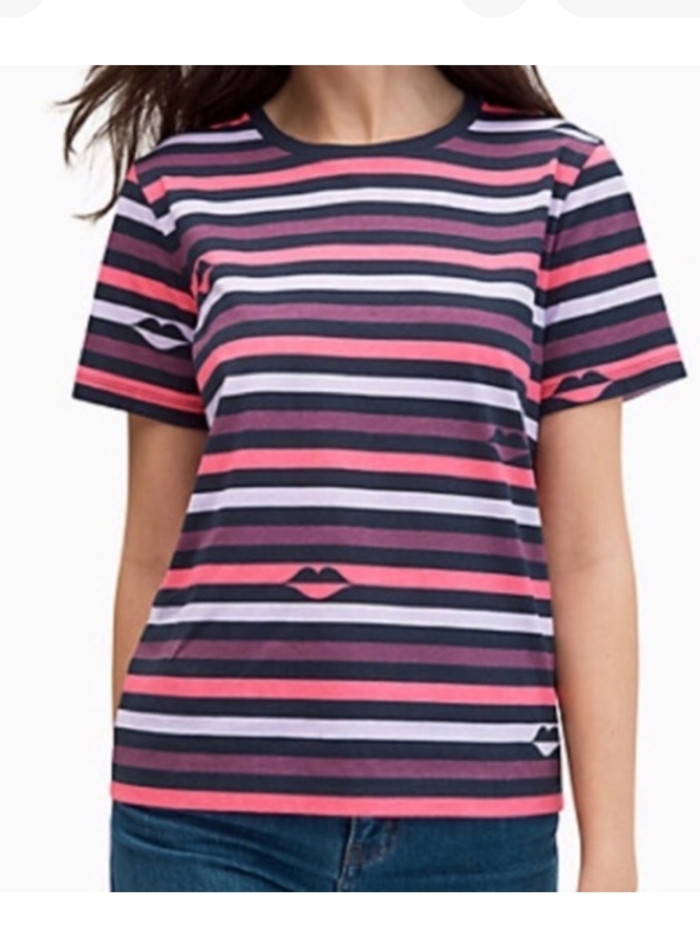 Kate Spade Striped Lip Print Cotton Top Size XL Nightcap Short Sleeve Tee Shirt